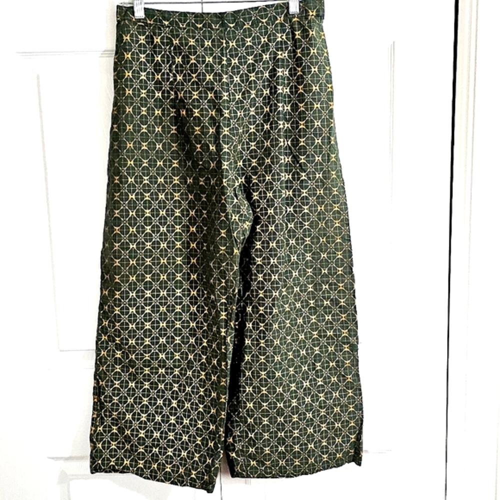 Indo Era Womens Cotton Pants Medium Green Gold Casual Business  Cropped‎